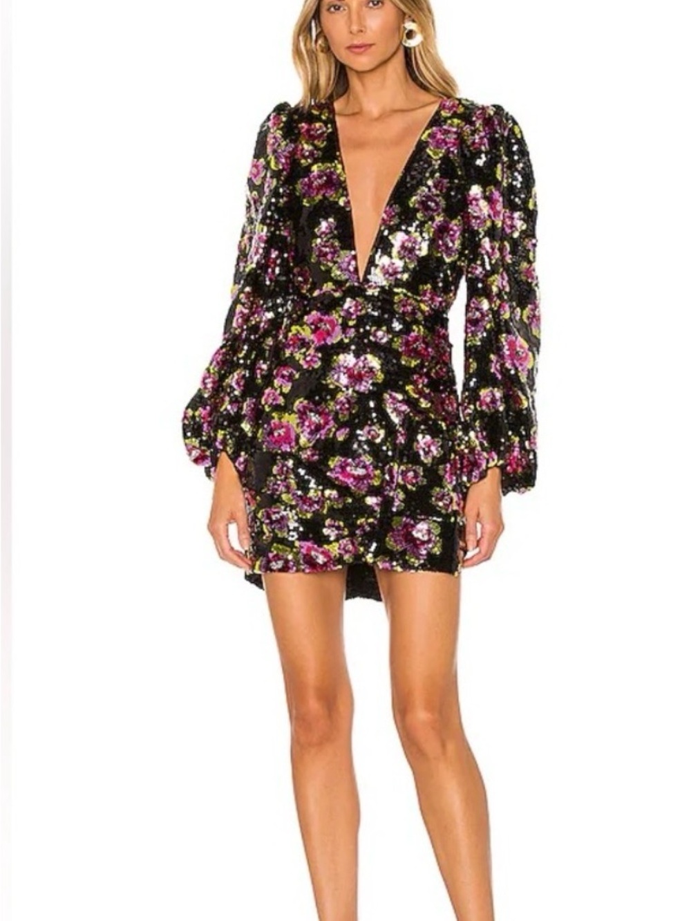 For Love & Lemons Morrison Floral Sequin Mini Dress Black XS